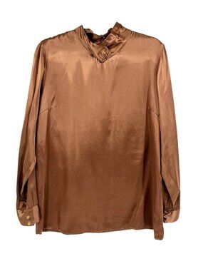 LADY REINER Women's Brown Satin High Neck Blouse Large